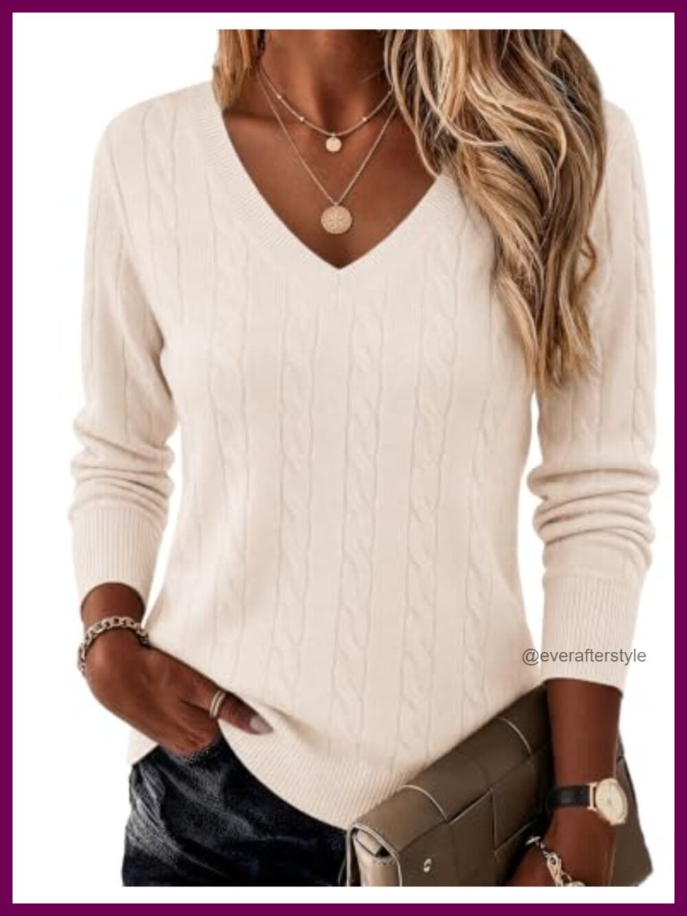 Cable Knit V Neck Long Sleeve Sweater Soft Viscose Blend Pullover